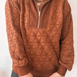 Straw Yellow Geometric Quilted Half Zipped Loose Sweatshirt