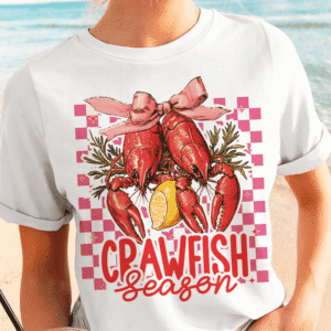 White Checkerboard Bow Crawfish Season Printed Crewneck T Shirt