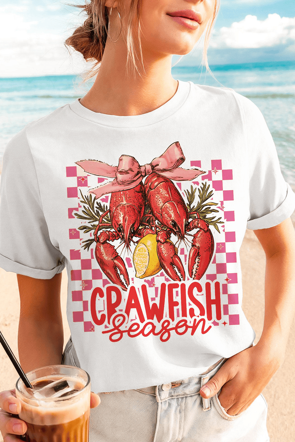 White Checkerboard Bow Crawfish Season Printed Crewneck T Shirt