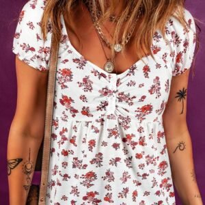 White Boho Floral Ruched Cinched Short Sleeve Blouse