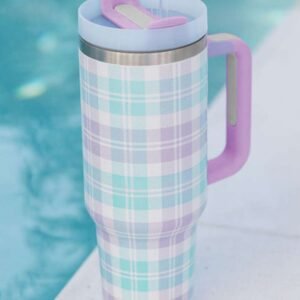 Orchid Petal Plaid Print Handle Large Vacuum Cup 40Oz