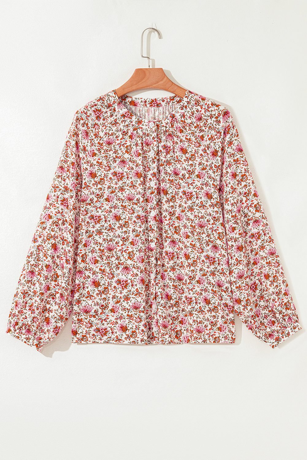 Red Floral Print Pleated Detail Notched Neck Puff Sleeve Blouse