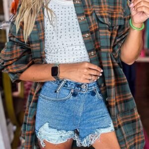 Green Plaid Long Sleeeve Side Split Distressed Hem Shirt