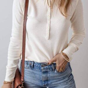 White Solid Color Waffle Half Button Long Sleeve Top