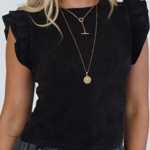 Black Ruffled Crew Neck Slim Fit Top