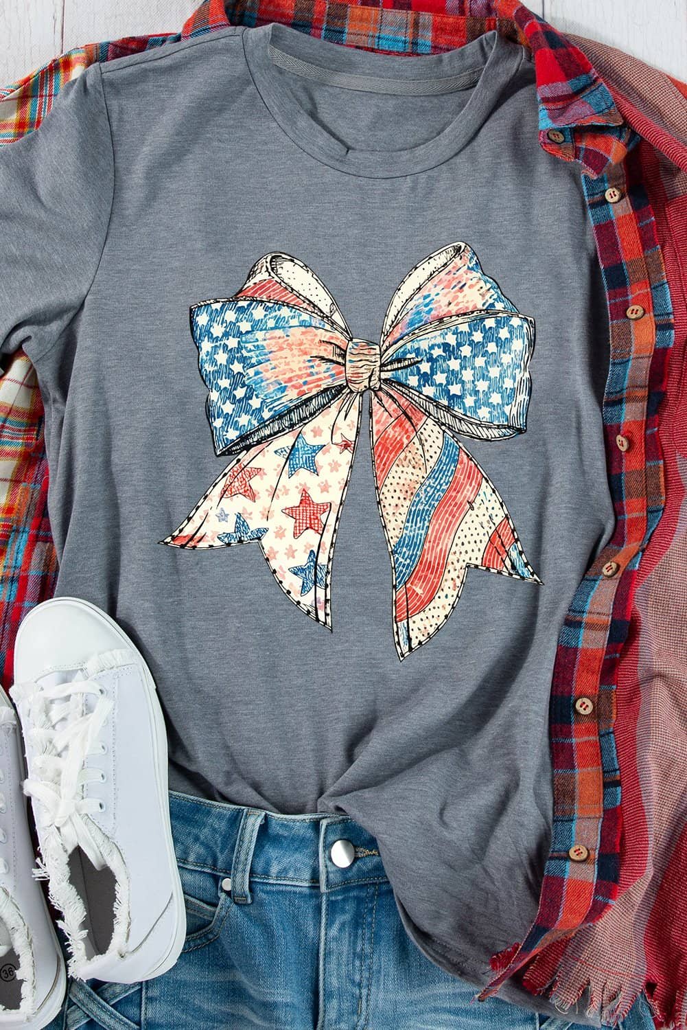 Gray Us Flag Bow Print Round Neck Loose T Shirt