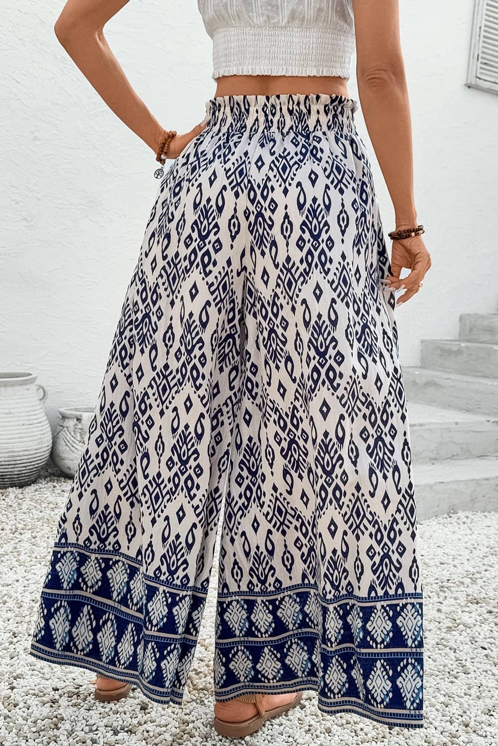 Blue Boho Pattern Print High Waist Wide Leg Loose Pants