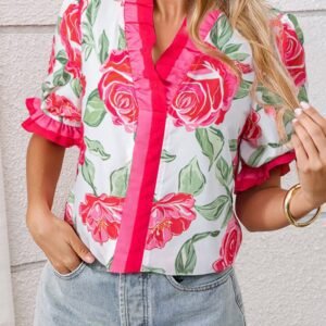 Rose Floral Frilled V Neck Short Sleeve Blouse Top