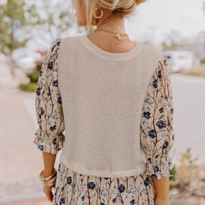 Beige Faux Two Piece Knit Patchwork Floral Print Plus Size Top