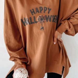 Chestnut Sequin Happy Halloween Graphic Notched Neck Long Sleeve Loose Top