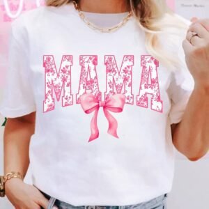 White Floral Mama Lettering Bow Printed T Shirt