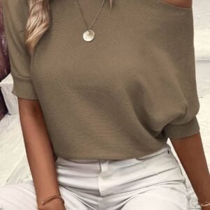 Coffee Round Neck Half Sleeve Ribbed Knit Top