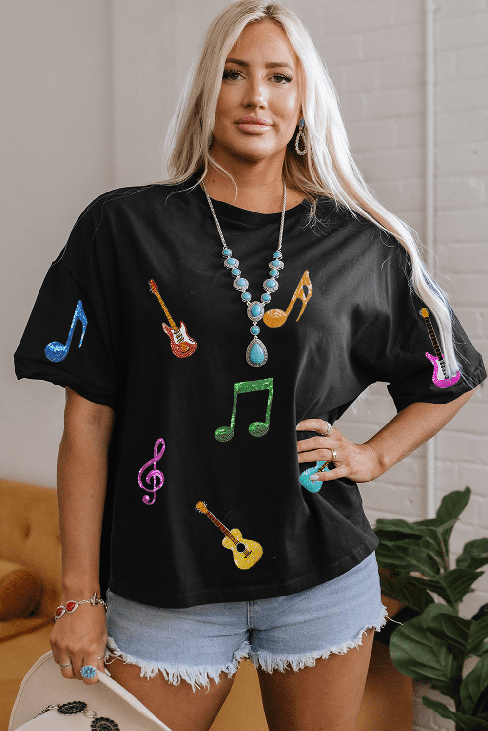 Black Guitar Music Notes Patched Graphic Oversize Tee
