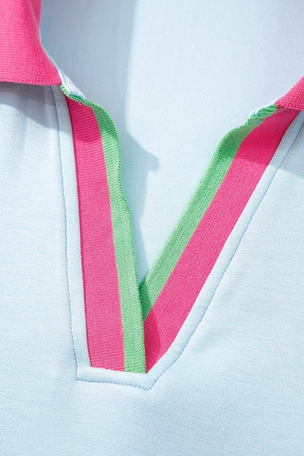 Beau Blue Color Contrast Ruffled Sleeve Collared V Neck Blouse