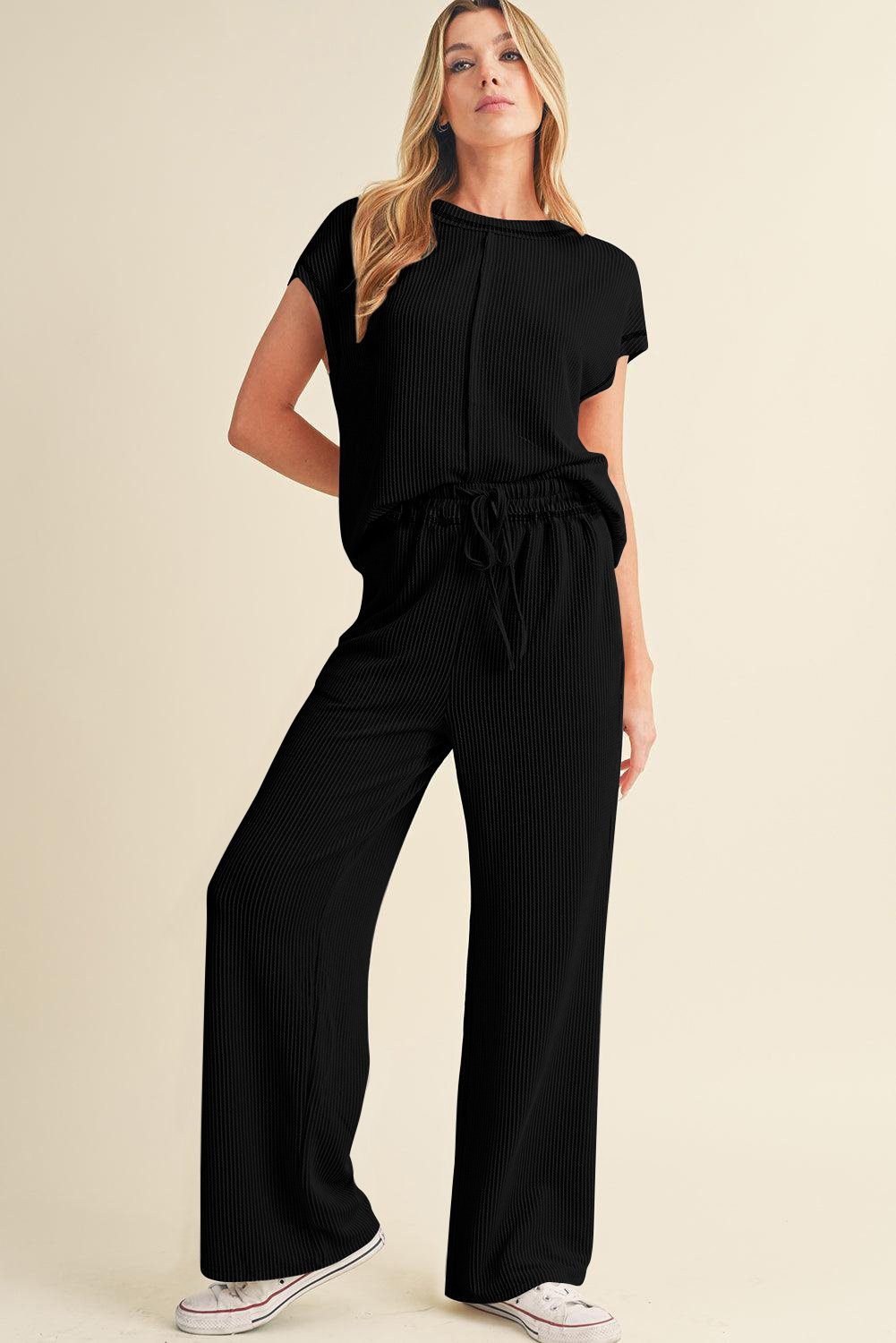 Black Solid Color Corded Short Sleeve Top And Casual Pants Set