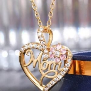 Gold Mom Rhinestone Flower Hollow-Out Heart Necklace