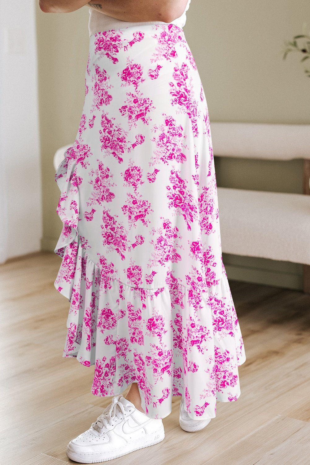 Rose Boho Floral High Waist Ruffle Split Maxi Skirt