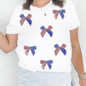 White Sequin Flag Bow Pattern Crew Neck Patriotic Tee