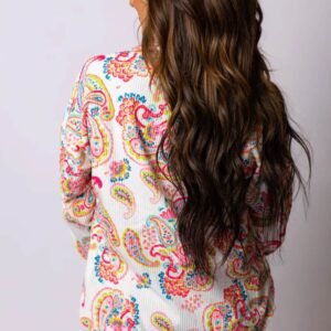 White Paisley Pattern Print Buttoned Corduroy Shacket
