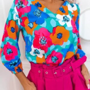 Multicolor Floral Print V Neck 3/4 Sleeve Blouse