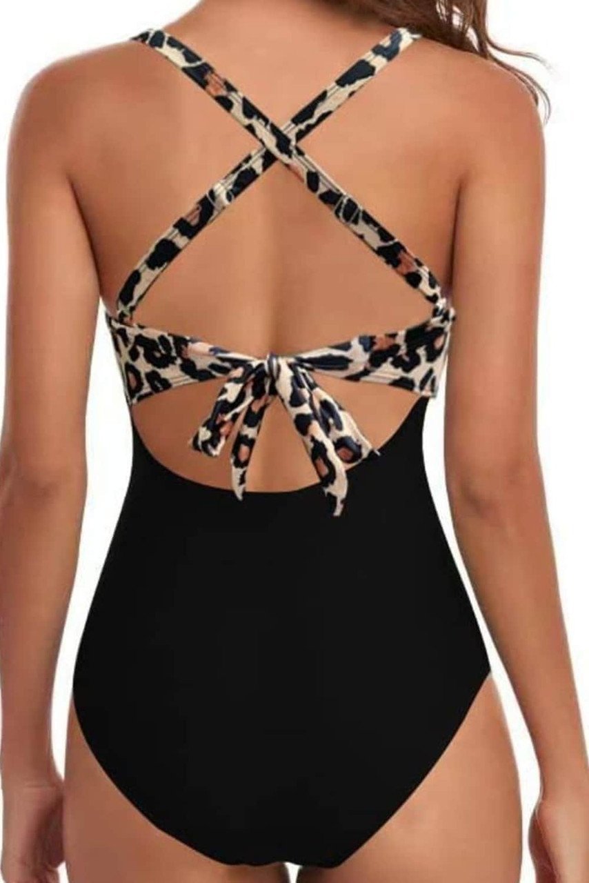 Black Leopard 2-Tone Crossed Cutout Backless Monokini - Image 2