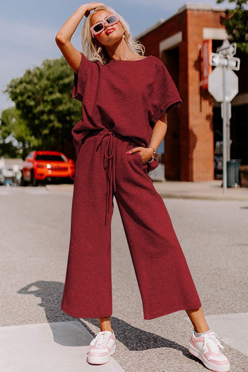 Red Dahlia Textured Loose Fit T Shirt And Drawstring Pants Set