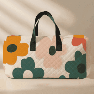White Flower Print Quilted Large Duffel Bag