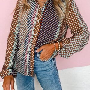 Brown Dot Print Long Sleeve Button Down Shift Shirt