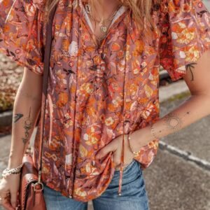 Orange Floral Print Ruffled Flutter Sleeve Frilled V Neck Blouse