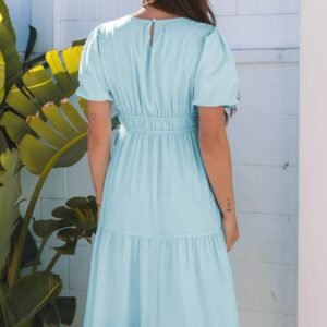 Light Blue Puff Sleeve Pleated High Waist Flowy Midi Dress