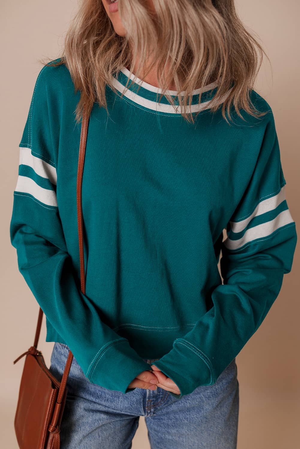 Blackish Green Contrast Striped Patchwork Round Neck Drop Shoulder Sweatshirt