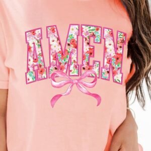 Pink Floral Amen Bow Graphic Crewneck T Shirt