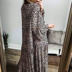 Apricot Leopard Print Tiered Wide Sleeve Maxi Dress