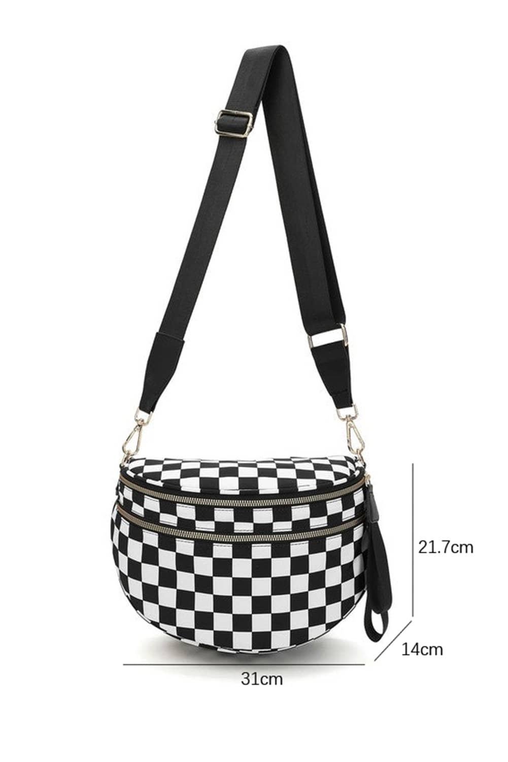 Color Black Checkered Print Wide Strap Large Crossbody Bag