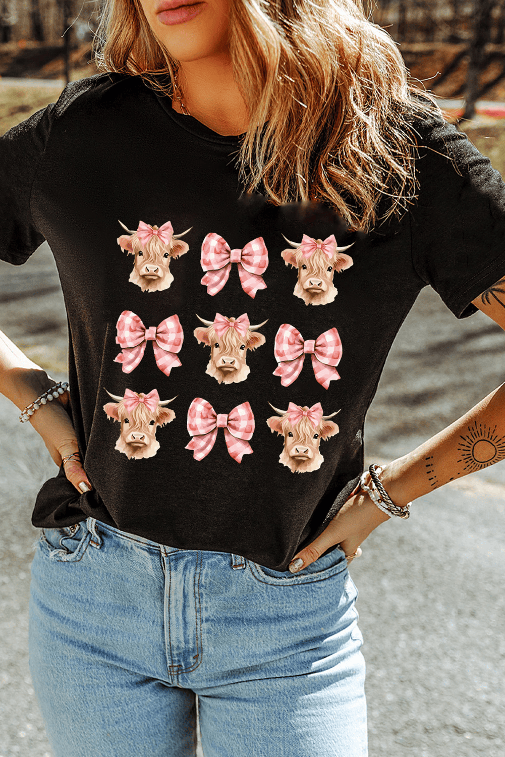 Black Cow With Bow Graphic Crewneck Western Tee