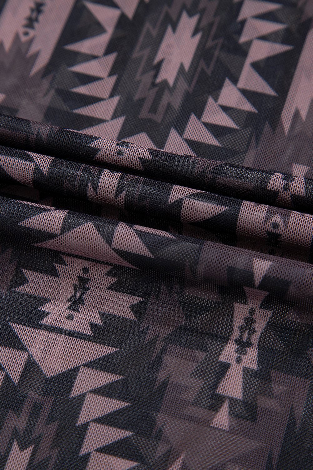 Brown Aztec Print Mock Neck Short Sleeve Mesh T Shirt