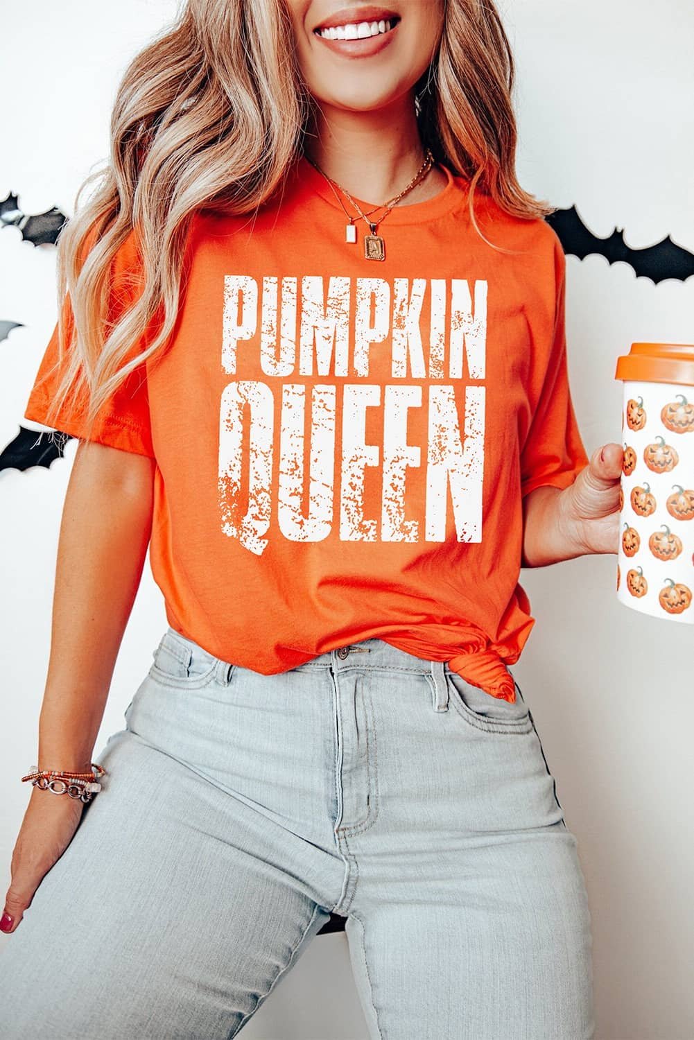Orange Pumpkin Queen Graphic Crew Neck Tee