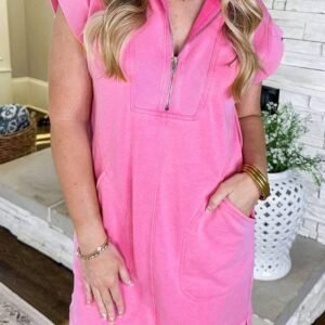 Bonbon Quarter Zip Pocketed Cap Sleeve Sweatshirt Dress