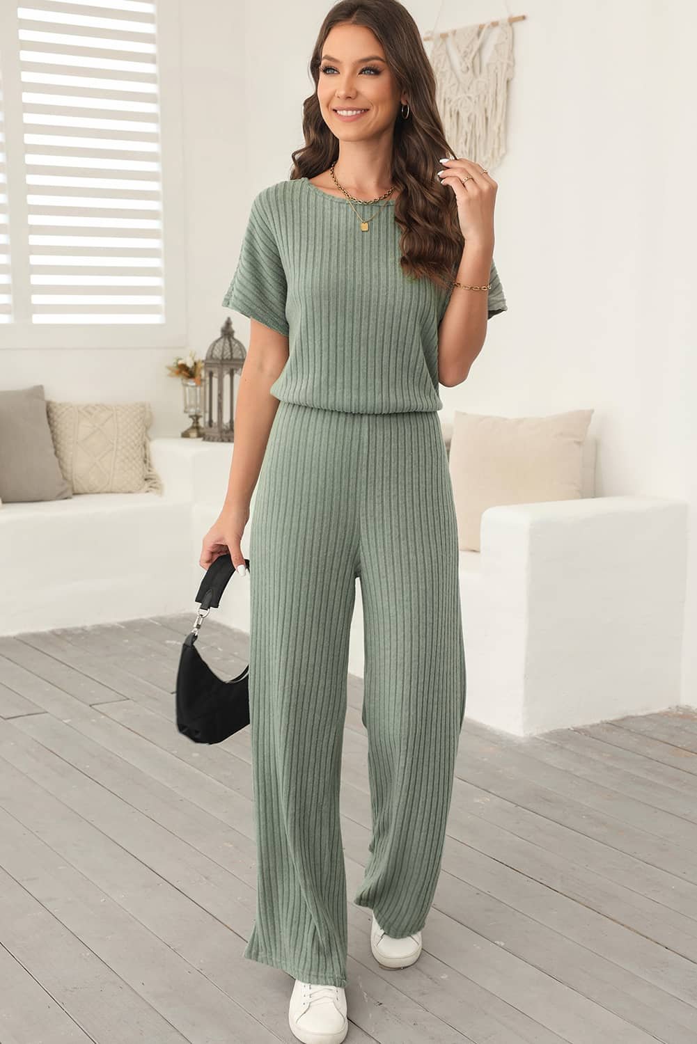 Laurel Green Ribbed Keyhole Short Sleeve Wide Leg Jumpsuit