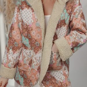 Khaki Vintage Floral Printed Sherpa Lined Hooded Jacket