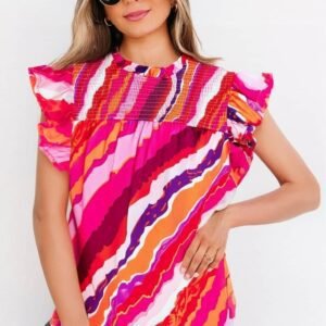 Rose Abstract Print Shirred Yoke Ruffled Blouse