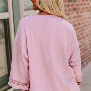 Light Pink Floral Peace Sign Graphic Drop Shoulder Wide Sleeve Casual Top