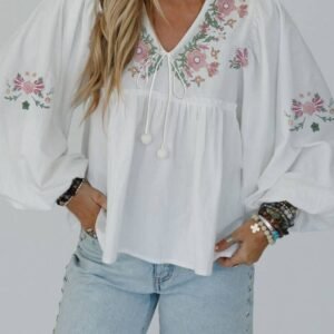 White Flower Lace-Up V Neck Babydoll Blouse