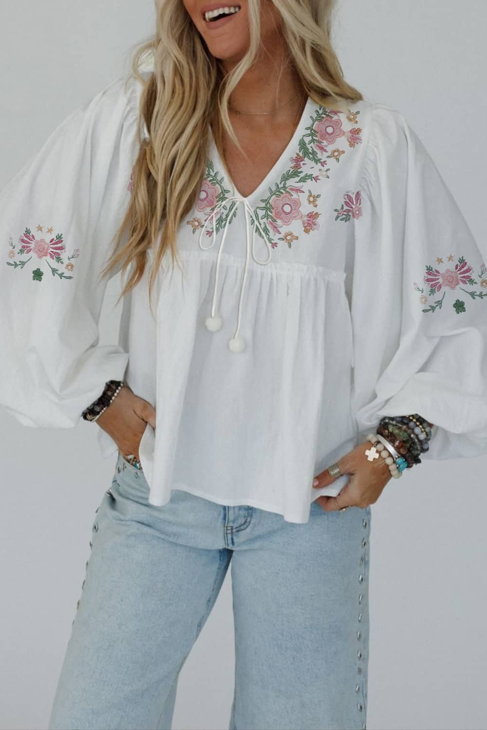 White Flower Lace-Up V Neck Babydoll Blouse