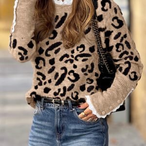 Brown Leopard Pattern Lace Ribbed Detail Button Cuffed Sweater