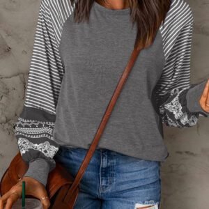 Gray Contrast Print Striped Raglan Long Sleeve Loose Top