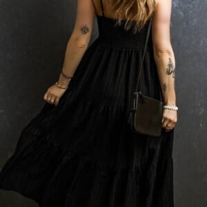 Black Spaghetti Straps Smocked Pleated Tiered Maxi Dress