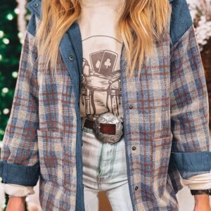 Gray Plaid Corduroy Patchwork Collared Zip Up Snap Button Jacket