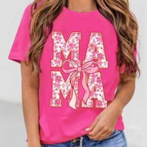 Rose Red Floral Mama Lettering Bow Print T Shirt