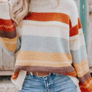 Crew Neck Drop-Shoulder Striped Color Block Sweater